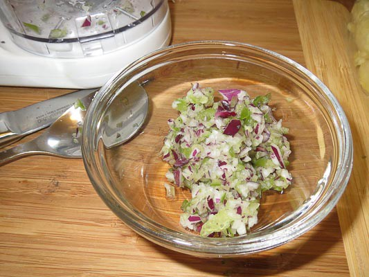Chopped red onion and green pepper