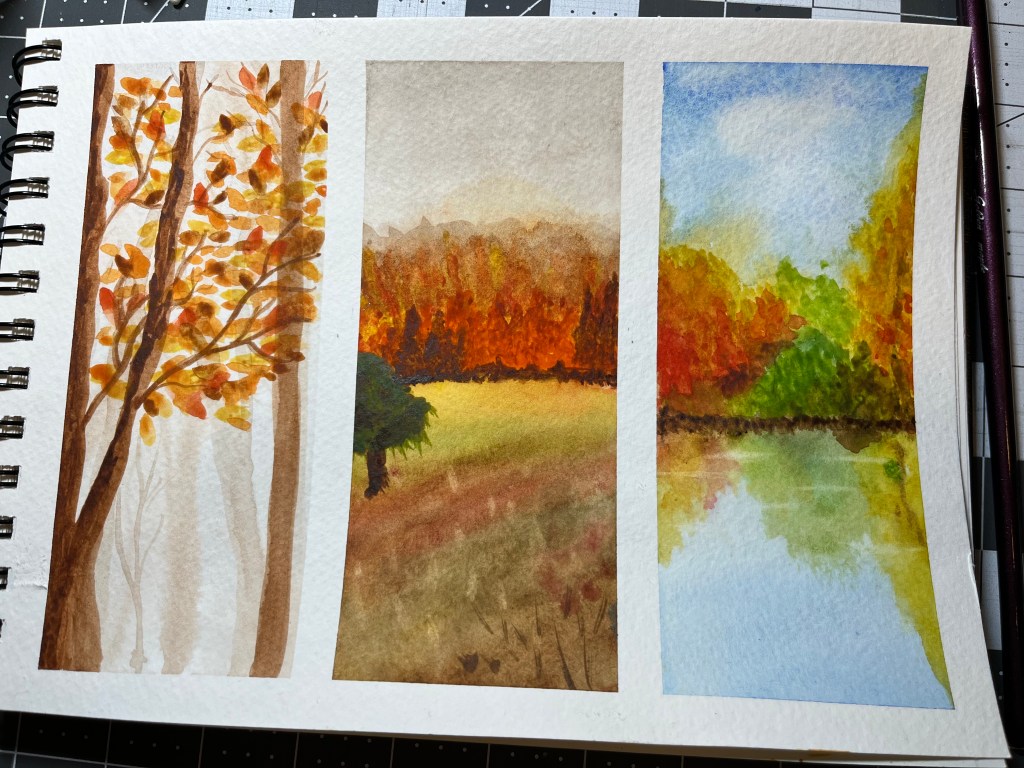 Page in a watercolour sketchbook showing fall scenes.