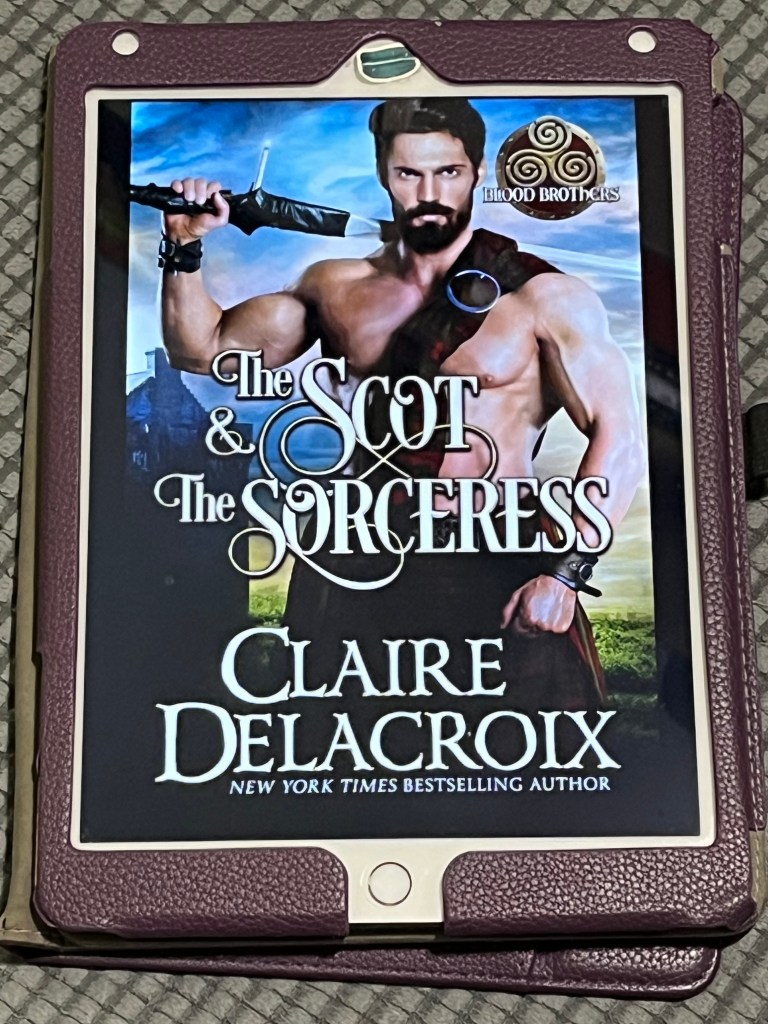 iPad showing the cover of The Scot & the Sorceress by Claire Delacroix.