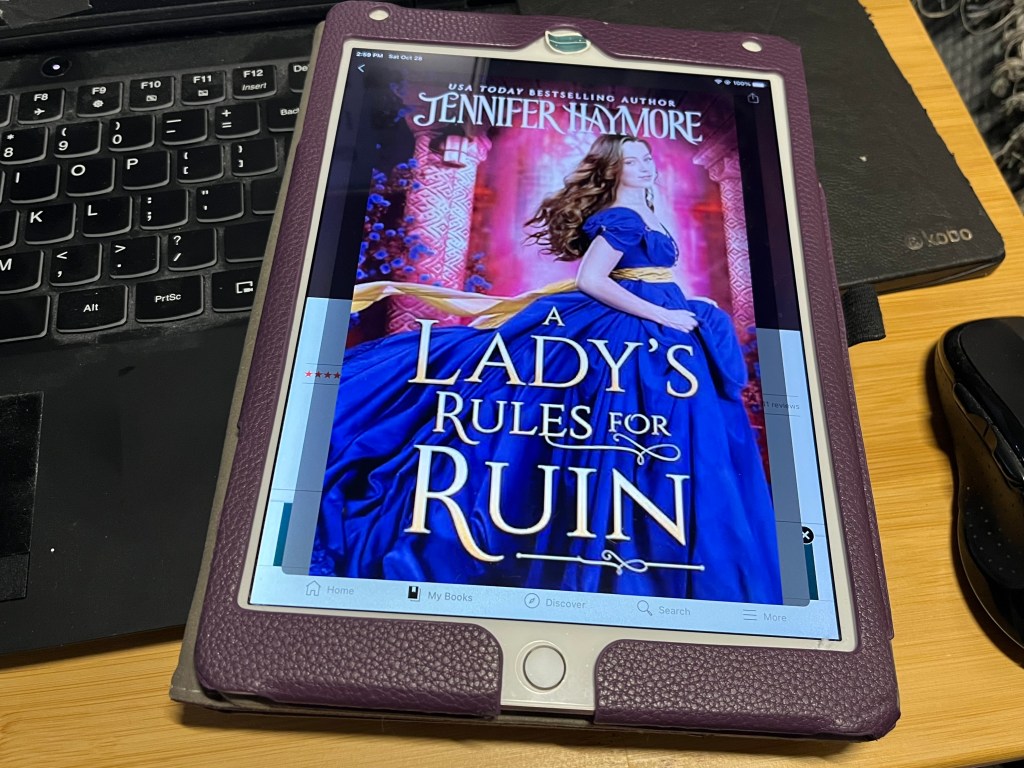 iPad showing the cover of book A Lady's Rules for Ruin by Jennifer Haymore.