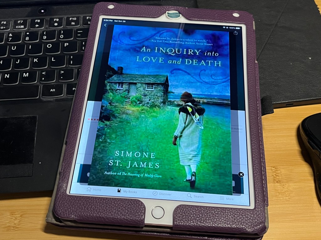 iPad showing the cover of book An Inquiry into Love and Death by Simone St. James