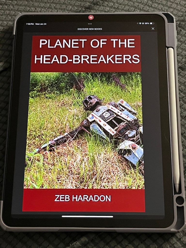 iPad showing cover of Planet of the Head-Breakers by Zeb Haradon