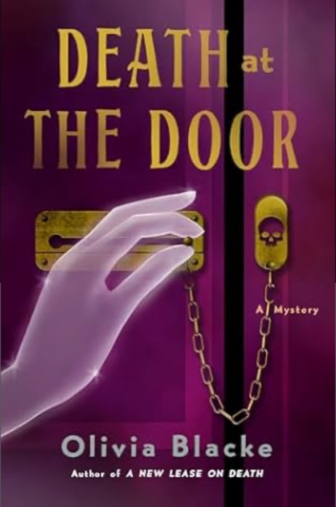 Cover of Death at the Door by Olivia Blackett showing a purple door and a ghiostly hand on a chain lock.